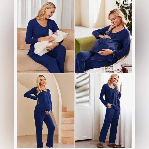 Ekouaer Maternity Nursing Pajama Set Long Sleeve Top & Pants with Pockets NWT - Picture 2 of 7
